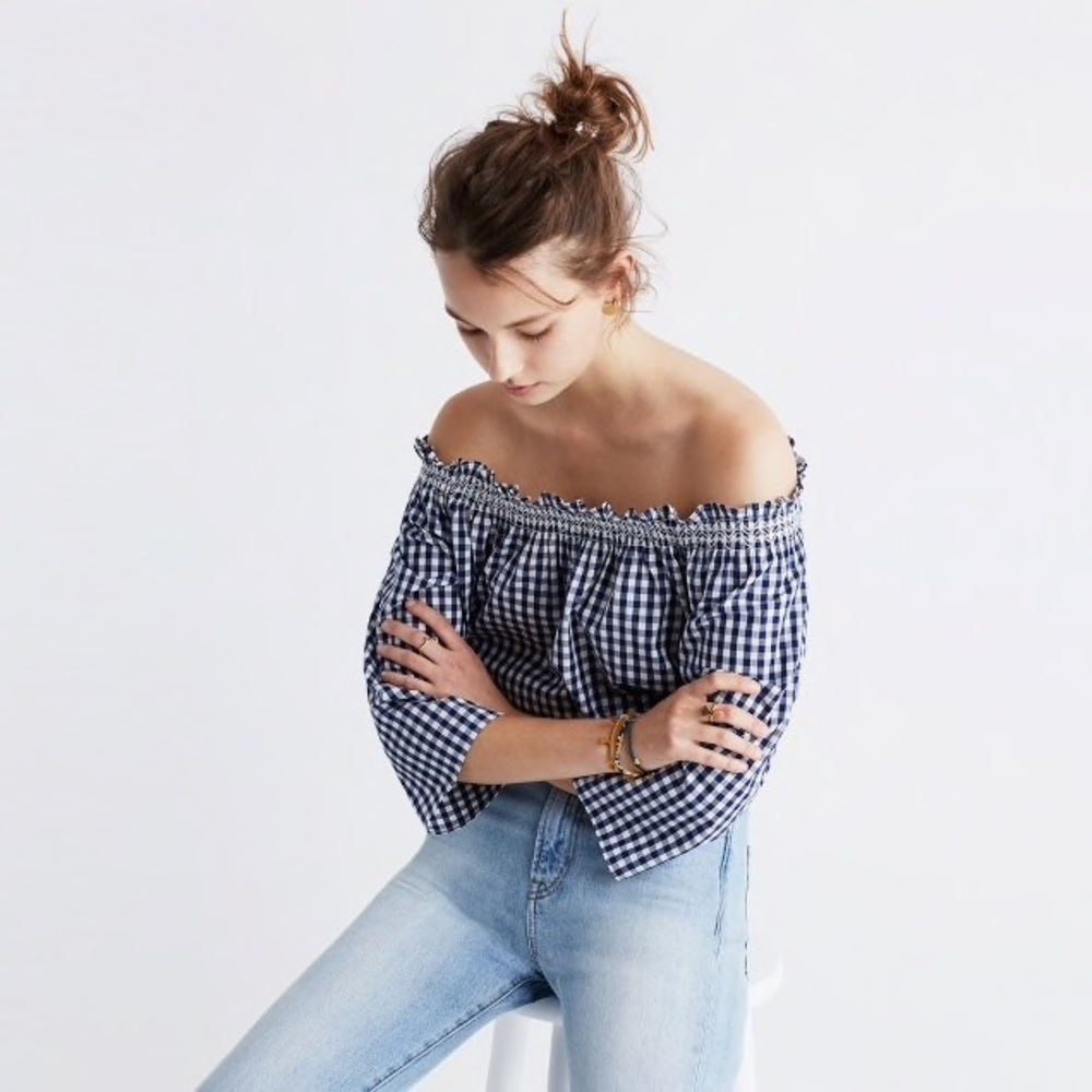Madewell Smocked Gingham Off-The-Shoulder Top - Picture 3 of 8